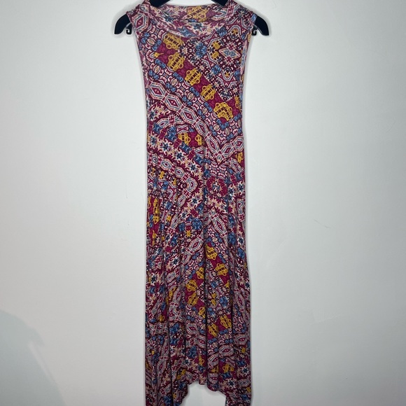 ANTHROPOLOGIE Maeve Red Yellow Geometric Mock Neck Shark Bite Dress Size Small - Picture 2 of 6